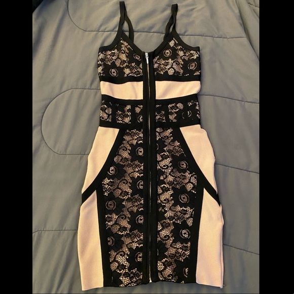 BEBE BLACK AND NEUTRAL BANDAGE DRESS - Picture 4 of 7